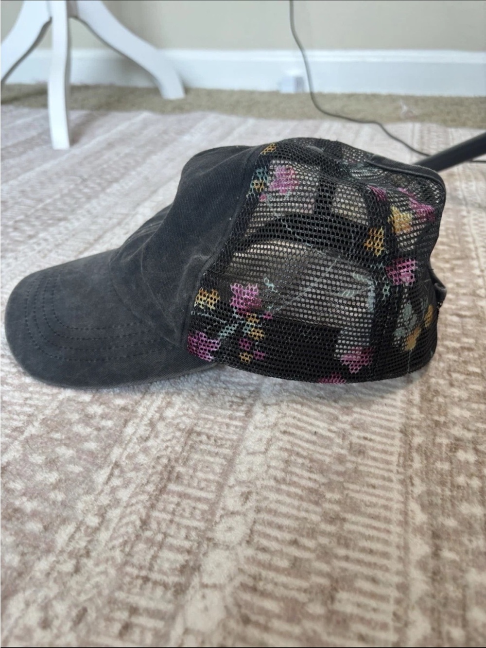 Mudd vintage-style Floral Charcoal ponytail trucker hat